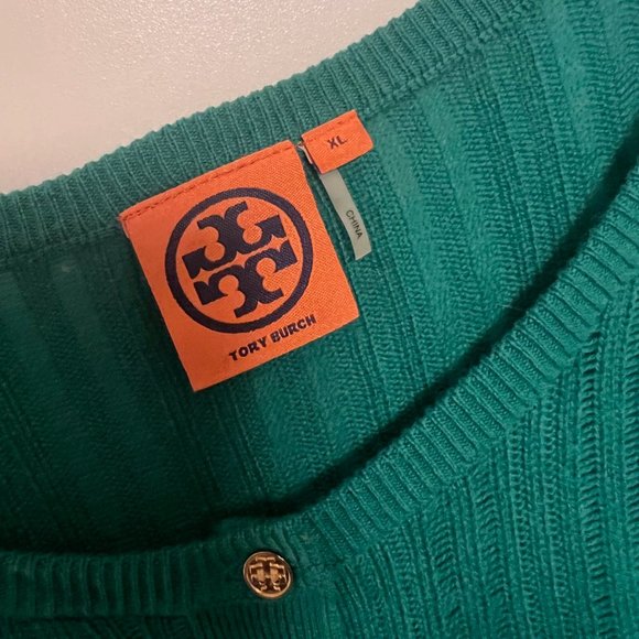 TORY BURCH Merino Wool Crew Neck Button-Down Sweater, Green, Size XL - Picture 2 of 5
